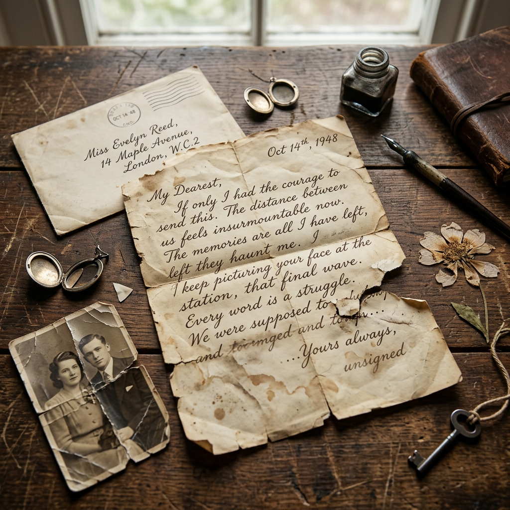 Old handwritten love letter dated 1948 with envelope, black and white photo of couple, ink bottle, pen, locket, dried flower, and a key on wooden table